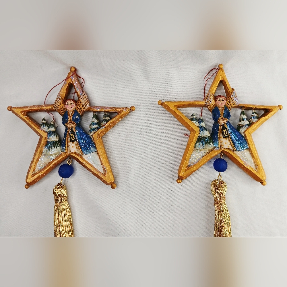 Set Of Two Pam Schifferl Gold and Blue Star Angel Ornaments